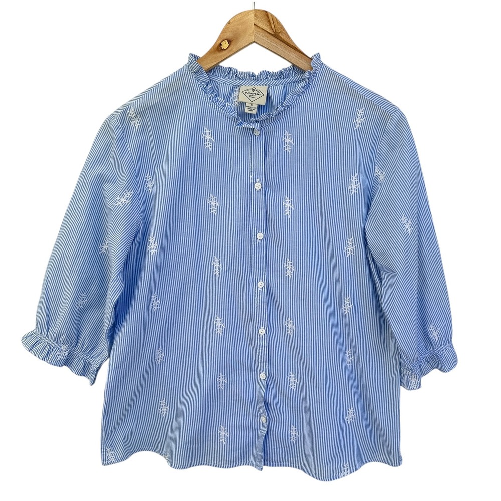 St John's Bay Top Embroidered Ruffle Neck Cotton Stripe Top Small Summer - Picture 1 of 10